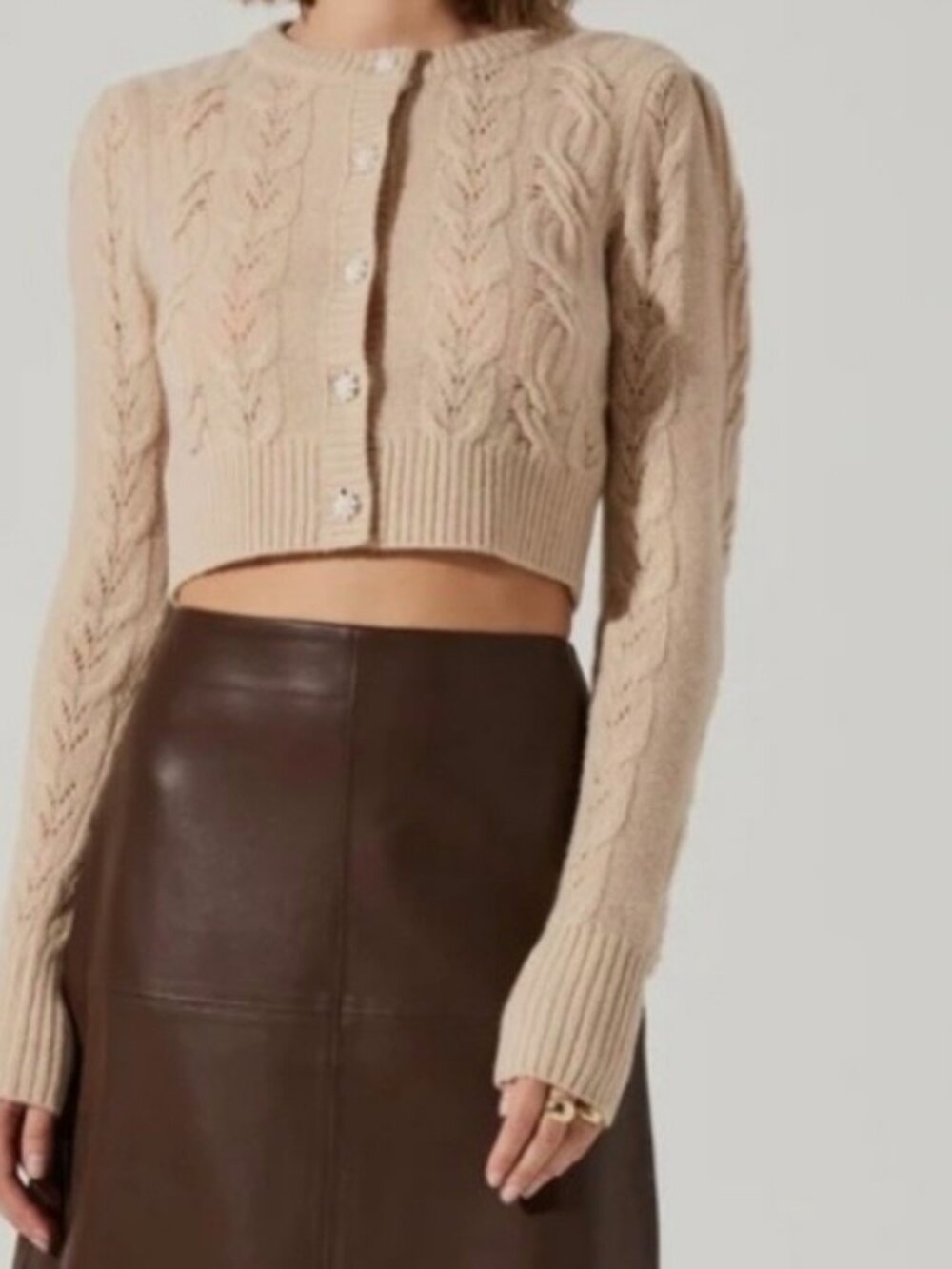ASTR The Label Women's Cable Knit Wool Cardigan Sweater, Beige, Size M